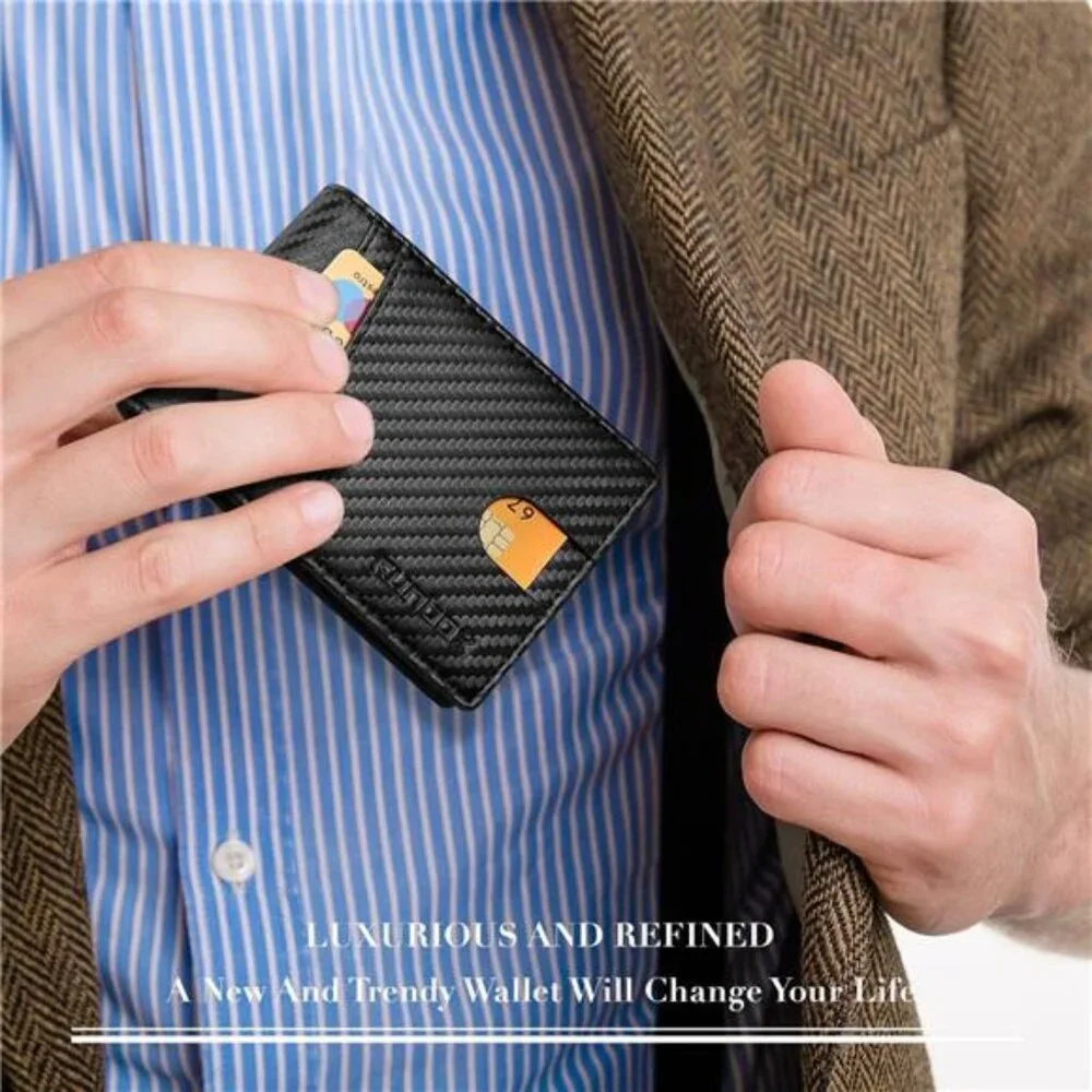 Rfid Wallet for Men Slim Leather 2 ID Window With Gift Box Carbon Black